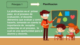 Principio 1 Planificacion
La plnificacion es el primer
paso en el proceso de
evaluación, el docente
detremina que evaluar y como
hacerlo, tomando en cuenta la
importancia de recopilar
evidencias en el proceso, lo
cual es una oportunidad para el
alumno y docente.
 