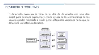 El desarrollo evolutivo se basa en la idea de desarrollar con una idea
inicial, para después exponerla y con la ayuda de los comentarios de los
usuarios poder mejorarla a través de las diferentes versiones hasta que se
desarrolla un sistema adecuado.
DESARROLLO EVOLUTIVO
 