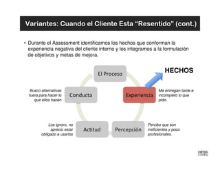 Variantes: Cuando el Cliente Esta “Resentido” (cont.)

• Durante el Assessment identificamos los hechos que conforman la
  experiencia negativa del cliente interno y los integramos a la formulación
  de objetivos y metas de mejora.


                                                                   HECHOS

   Busco alternativas                                          Me entregan tarde e
  fuera para hacer lo                                          incompleto lo que
     que ellos hacen                                           pido.




             Los ignoro, no                              Percibo que son
              aprecio estar                              ineficientes y poco
         obligado a usarlos                              profesionales.
 