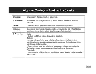 Algunos Trabajos Realizados (cont.)

Empresa:         Empresa en el sector retail en Colombia.

El Problema:     Roturas de stock de productos 3A en las tiendas en todo el territorio
                 nacional.
Causa:           Diversas causas que fueron descubiertas durante el proyecto.

Impacto:         Dinero que la empresa deja de percibir como utildidad por inhabilidad de
                 satisfacer demanda inmediata de clientes por falta de stock
El Proyecto:     Meta:
                 •Reducir en 50% el indice de quiebres de stock.
                 Trabajo:
                 •Assessmet estadístico para calculo del verdadero nivel de stock e
                 identificacion de causas reales por cada ocurrencia de quiebre de stock
                 identificada en la muestra.
                 •Mesa redonda para dar solucion a las causas reales encontradas, la
                 Gerencia creí que las causas eran otras totalmente diferentes.
                 Resultado:
                 •Incremento de US$1 millon en la utilidad a los 30 días de implantadas las
                 soluciones .
 