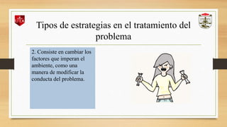 Tipos de estrategias en el tratamiento del
problema
2. Consiste en cambiar los
factores que imperan el
ambiente, como una
manera de modificar la
conducta del problema.
 