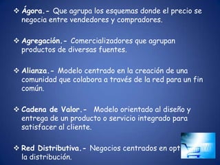  Ágora.- Que agrupa los esquemas donde el precio se
  negocia entre vendedores y compradores.

 Agregación.- Comercializadores que agrupan
  productos de diversas fuentes.

 Alianza.- Modelo centrado en la creación de una
  comunidad que colabora a través de la red para un fin
  común.

 Cadena de Valor.- Modelo orientado al diseño y
  entrega de un producto o servicio integrado para
  satisfacer al cliente.

 Red Distributiva.- Negocios centrados en optimizar
  la distribución.
 