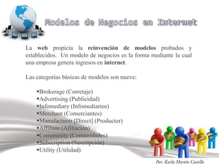 La web propicia la reinvención de modelos probados y
establecidos. Un modelo de negocios es la forma mediante la cual
una empresa genera ingresos en internet.

Las categorías básicas de modelos son nueve:

    Brokerage (Corretaje)
    Advertising (Publicidad)
    Infomediary (Infomediarios)
    Merchant (Comerciantes)
    Manufacturer [Direct] (Productor)
    Affiliate (Afiliación)
    Community (Comunidades)
    Subscription (Suscripción)
    Utility (Utilidad)
 