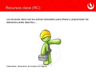 Los recursos clave son los activos necesarios para ofrecer y proporcionar los
elementos antes descritos…
Osterwalder. Generación de modelos de negocio.
Recursos clave (RC)
 