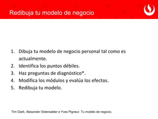 1. Dibuja tu modelo de negocio personal tal como es
actualmente.
2. Identifica los puntos débiles.
3. Haz preguntas de diagnóstico*.
4. Modifica los módulos y evalúa los efectos.
5. Redibuja tu modelo.
Tim Clark, Alexander Osterwalder e Yves Pigneur. Tu modelo de negocio.
Redibuja tu modelo de negocio
 