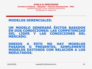 16/04/2020 oayalat2012@hotmail.com 23
AYALA & ASOCIADOS
Contadores Públicos – Abogados – Finanzas Empresariales - MBA.
ADMINISTRACIÓN: FICHA TÉCNICA/CONCEPTOS
NOTEBOOK OF WORK 001
MODELOS GERENCIALES:
UN MODELO GENERARÁ ÉXITOS BASADOS
EN DOS CONDICIONES: LAS COMPETENCIAS
DEL LÍDER Y LAS CONDICIONES DEL
MERCADO.
DEBIDO A ESTO NO HAY MODELOS
PASADOS O PRESENTES, SIMPLEMENTE
MODELOS EXITOSOS CON RELACIÓN A LOS
RESULTADOS.
 