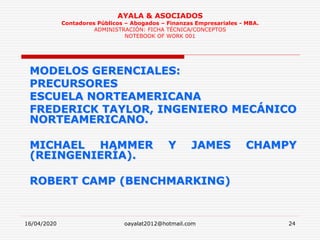 16/04/2020 oayalat2012@hotmail.com 24
AYALA & ASOCIADOS
Contadores Públicos – Abogados – Finanzas Empresariales - MBA.
ADMINISTRACIÓN: FICHA TÉCNICA/CONCEPTOS
NOTEBOOK OF WORK 001
MODELOS GERENCIALES:
PRECURSORES
ESCUELA NORTEAMERICANA
FREDERICK TAYLOR, INGENIERO MECÁNICO
NORTEAMERICANO.
MICHAEL HAMMER Y JAMES CHAMPY
(REINGENIERÍA).
ROBERT CAMP (BENCHMARKING)
 