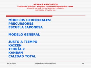 16/04/2020 oayalat2012@hotmail.com 29
AYALA & ASOCIADOS
Contadores Públicos – Abogados – Finanzas Empresariales - MBA.
ADMINISTRACIÓN: FICHA TÉCNICA/CONCEPTOS
NOTEBOOK OF WORK 001
MODELOS GERENCIALES:
PRECURSORES
ESCUELA JAPONESA
MODELO GENERAL
JUSTO A TIEMPO
KAIZEN
TEORÍA Z
KANBAN
CALIDAD TOTAL
 