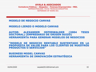 16/04/2020 oayalat2012@hotmail.com 33
AYALA & ASOCIADOS
Contadores Públicos – Abogados – Finanzas Empresariales - MBA.
ADMINISTRACIÓN: FICHA TÉCNICA/CONCEPTOS
NOTEBOOK OF WORK 001
MODELO DE NEGOCIO CANVAS
MODELO LIENZO O MODELO CANVAS
AUTOR: ALEXANDER OSTERWALDER (2004 TESIS
DOCTORAL) (EMPRESARIO DE ORIGEN SUIZO)
HERRAMIENTA PARA GENERAR MODELOS DE NEGOCIOS
“MODELO DE NEGOCIO RENTABLE SUSTENTADO EN LA
PROPUESTA DE VALOR PARA LOS CLIENTES DE NUESTROS
PRODUCTOS O SERVICIOS”
BUSINESS MODEL CANVAS
HERRAMIENTA DE INNOVACIÓN ESTRATÉGICA
 