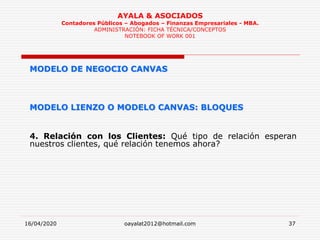 16/04/2020 oayalat2012@hotmail.com 37
AYALA & ASOCIADOS
Contadores Públicos – Abogados – Finanzas Empresariales - MBA.
ADMINISTRACIÓN: FICHA TÉCNICA/CONCEPTOS
NOTEBOOK OF WORK 001
MODELO DE NEGOCIO CANVAS
MODELO LIENZO O MODELO CANVAS: BLOQUES
4. Relación con los Clientes: Qué tipo de relación esperan
nuestros clientes, qué relación tenemos ahora?
 