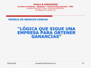 16/04/2020 oayalat2012@hotmail.com 47
AYALA & ASOCIADOS
Contadores Públicos – Abogados – Finanzas Empresariales - MBA.
ADMINISTRACIÓN: FICHA TÉCNICA/CONCEPTOS
NOTEBOOK OF WORK 001
MODELO DE NEGOCIO CANVAS
“LÓGICA QUE SIGUE UNA
EMPRESA PARA OBTENER
GANANCIAS”
 