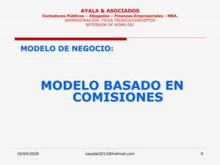 16/04/2020 oayalat2012@hotmail.com 9
AYALA & ASOCIADOS
Contadores Públicos – Abogados – Finanzas Empresariales - MBA.
ADMINISTRACIÓN: FICHA TÉCNICA/CONCEPTOS
NOTEBOOK OF WORK 001
MODELO DE NEGOCIO:
MODELO BASADO EN
COMISIONES
 