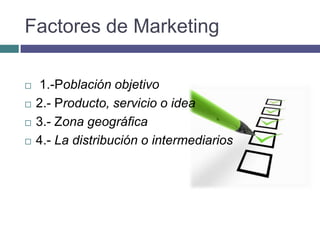 Factores de Marketing

   1.-Población objetivo
   2.- Producto, servicio o idea
   3.- Zona geográfica
   4.- La distribución o intermediarios
 