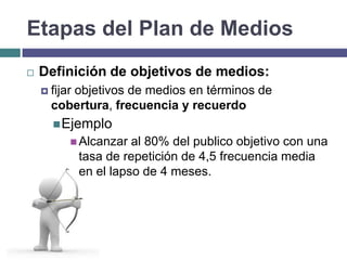 Etapas del Plan de Medios
   Definición de objetivos de medios:
     fijar
         objetivos de medios en términos de
      cobertura, frecuencia y recuerdo
       Ejemplo
           Alcanzar    al 80% del publico objetivo con una
              tasa de repetición de 4,5 frecuencia media
              en el lapso de 4 meses.
 