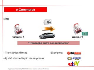 e-Commerce

C2C




           Consumer X                                                                        Consumer Y

                                       “Transação entre consumidores”


- Transações diretas                                                             Exemplos:

-Ajuda/Intermediação de empresas


   http://www.scribd.com/doc/7631644/eCommerce-Conceitos-Evolucao-e-Tendencias
 