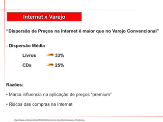 Internet x Varejo

“Dispersão de Preços na Internet é maior que no Varejo Convencional”


- Dispersão Média

            Livros                            33%

            CDs                               25%



Razões:

• Marca influencia na aplicação de preços “premium”

• Riscos das compras na Internet


   http://www.scribd.com/doc/7631644/eCommerce-Conceitos-Evolucao-e-Tendencias
 
