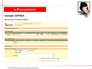 e-Procurement
Exemplo: SAPHIRA
Realizando a assinatura digital.




    Fonte: http://www.guiadecompra.com/guia/e-procurement.php
 