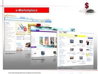 e-Marketplace




www.alibaba.com



                                            www.submarino.com.br




                                                                   www.mercadolivre.com.br


    Fonte: http://www.guiadecompra.com/guia/e-procurement.php
 