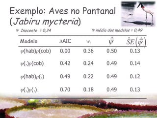 Exemplo: Aves no Pantanal
(Jabiru mycteria)
 Y Inocente = 0,34                Y média dos modelos = 0,49

   Modelo            DAIC    wi           ˆ        ˆ ˆ
                                                    SE  
   (hab)p(cob)      0.00   0.36         0.50        0.13

   (.)p(cob)        0.42   0.24         0.49        0.14

   (hab)p(.)        0.49   0.22         0.49        0.12

   (.)p(.)          0.70   0.18         0.49        0.13
 