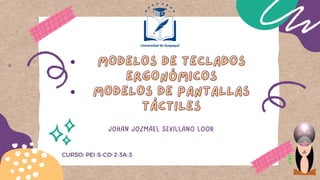 MODELOS DE TECLADOS
MODELOS DE TECLADOS
ERGONÓMICOS
ERGONÓMICOS
MODELOS DE PANTALLAS
MODELOS DE PANTALLAS
TÁCTILES
TÁCTILES
JOHAN JOZMAEL SEVILLANO LOOR
CURSO: PEI-S-CO-2-3A-3
 