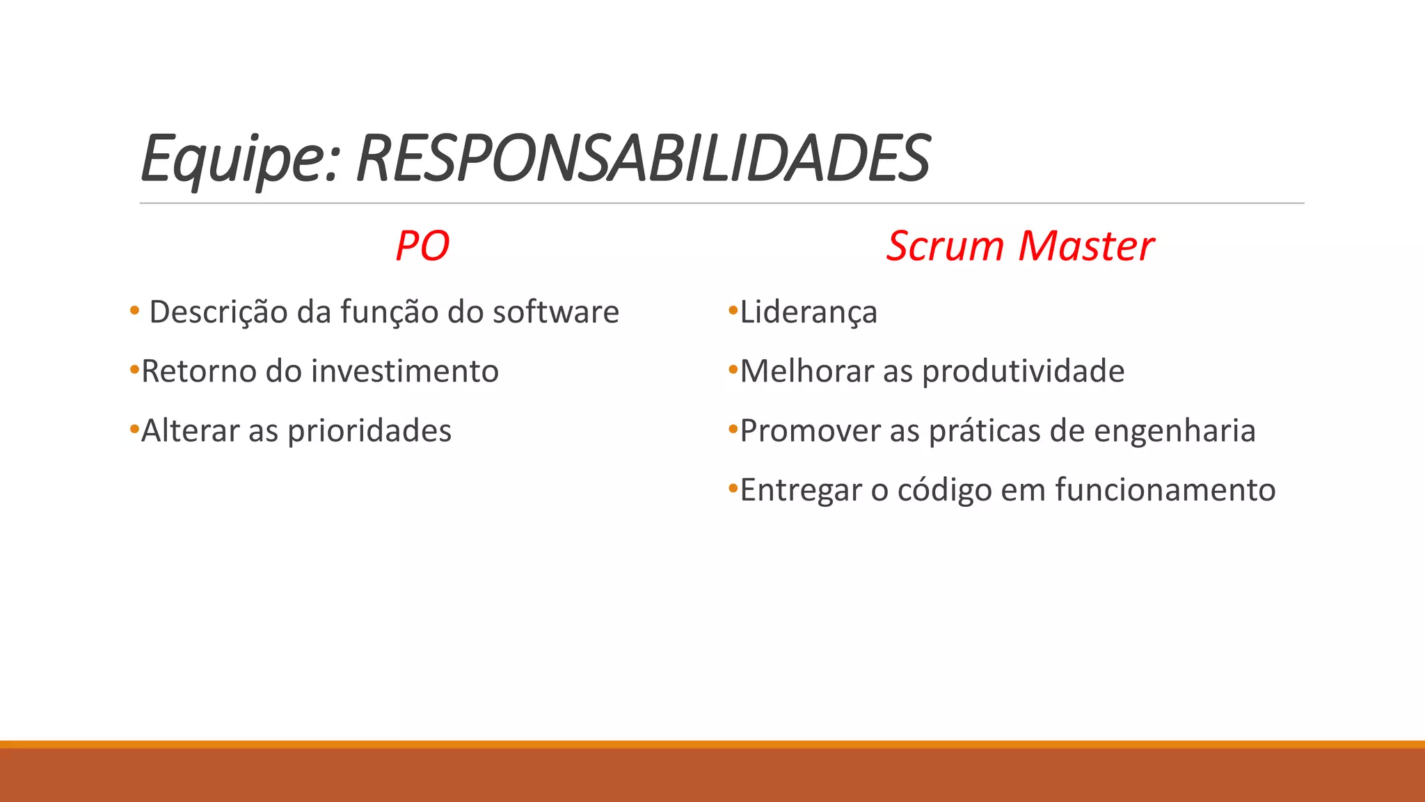Equipe: RESPONSABILIDADES
PO
• Descrição da função do software
•Retorno do investimento
•Alterar as prioridades
Scrum Master
•Liderança
•Melhorar as produtividade
•Promover as práticas de engenharia
•Entregar o código em funcionamento
 