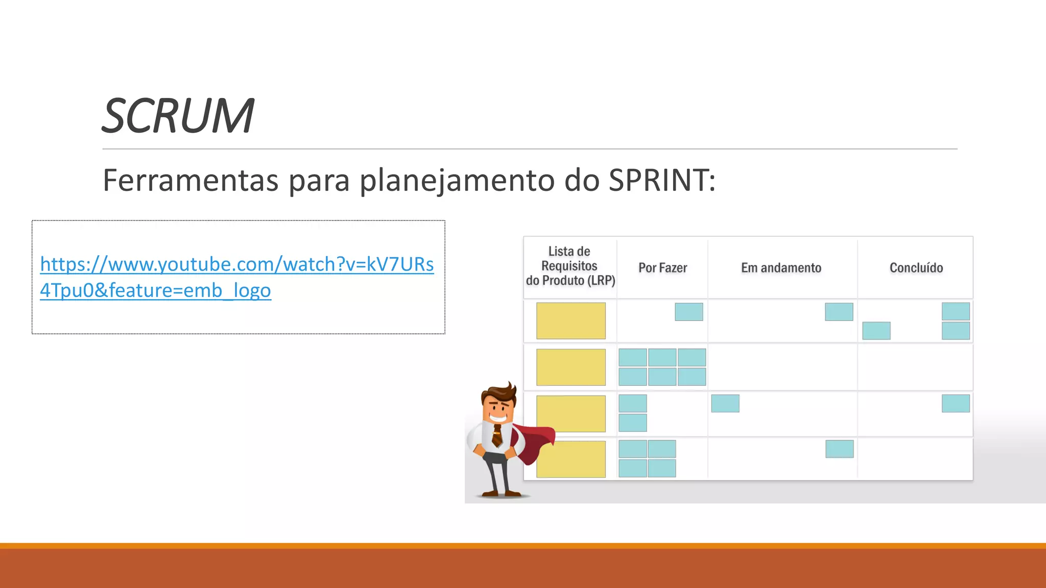 SCRUM
Ferramentas para planejamento do SPRINT:
https://www.youtube.com/watch?v=kV7URs
4Tpu0&feature=emb_logo
 