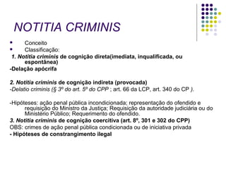 NOTITIA CRIMINIS
Conceito

Classificação:
1. Notitia criminis de cognição direta(imediata, inqualificada, ou
espontânea)
-Delação apócrifa


2. Notitia criminis de cognição indireta (provocada)
-Delatio criminis (§ 3º do art. 5º do CPP ; art. 66 da LCP, art. 340 do CP ).
-Hipóteses: ação penal pública incondicionada; representação do ofendido e
requisição do Ministro da Justiça; Requisição da autoridade judiciária ou do
Ministério Público; Requerimento do ofendido.
3. Notitia criminis de cognição coercitiva (art. 8º, 301 e 302 do CPP)
OBS: crimes de ação penal pública condicionada ou de iniciativa privada
- Hipóteses de constrangimento ilegal

 
