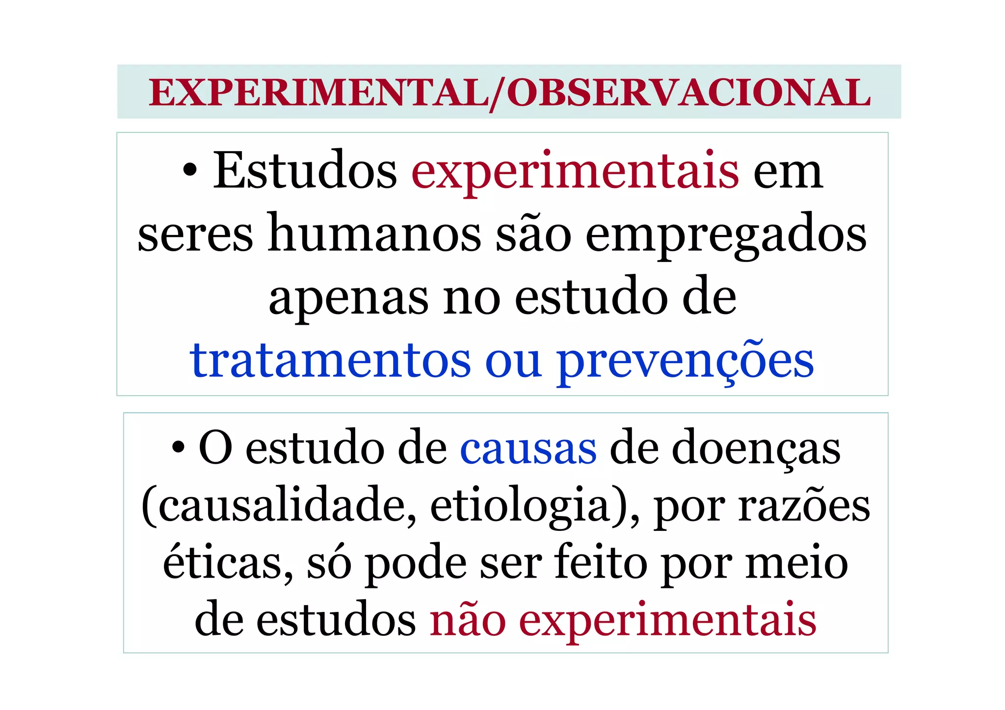 • Estudos experimentais em
seres humanos são empregados
apenas no estudo de
tratamentos ou prevenções
EXPERIMENTAL/OBSERVACIONAL
tratamentos ou prevenções
• O estudo de causas de doenças
(causalidade, etiologia), por razões
éticas, só pode ser feito por meio
de estudos não experimentais
 