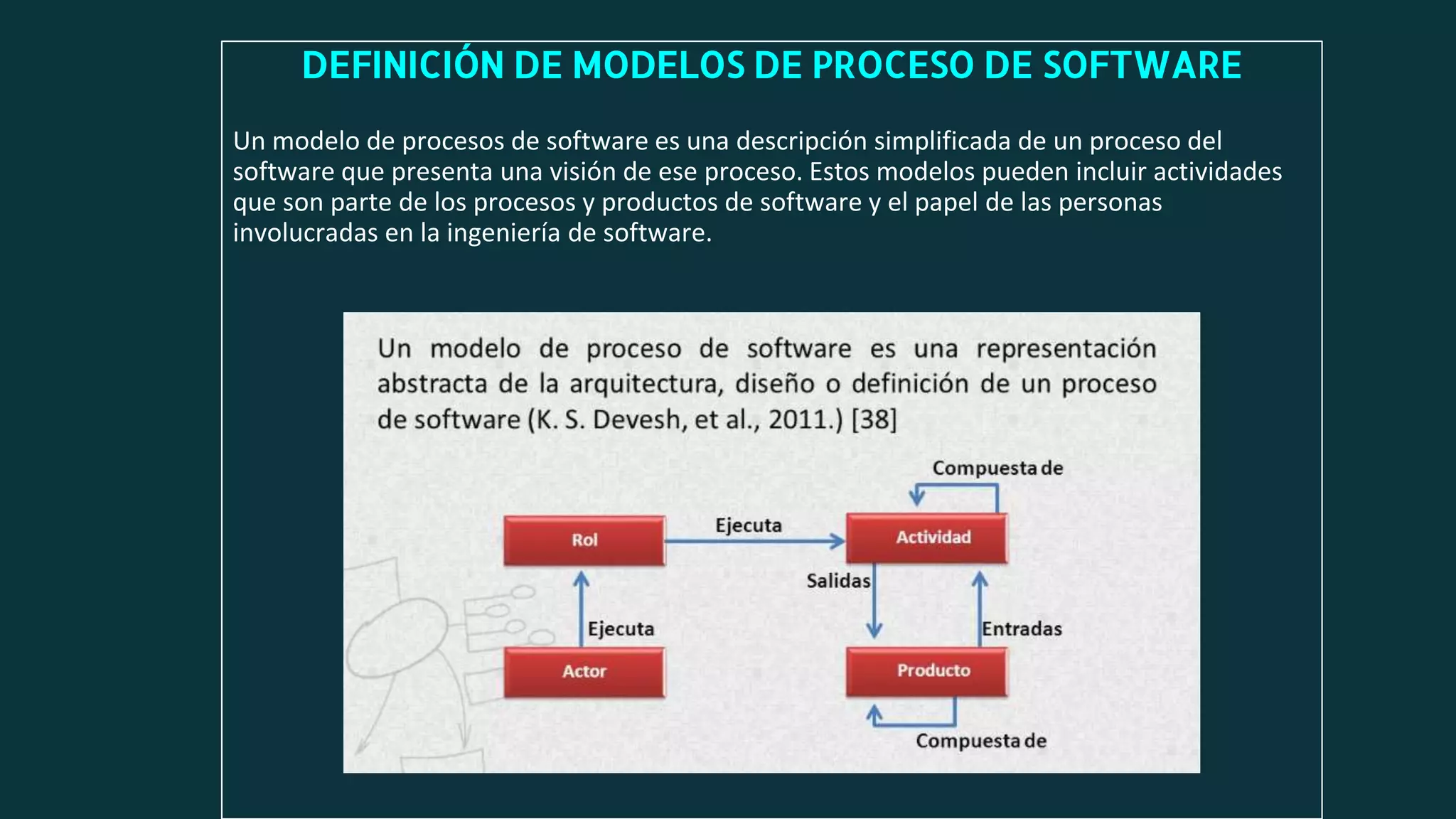 DEFINICIÓN DE MODELOS DE PROCESO DE SOFTWARE
Un modelo de procesos de software es una descripción simplificada de un proceso del
software que presenta una visión de ese proceso. Estos modelos pueden incluir actividades
que son parte de los procesos y productos de software y el papel de las personas
involucradas en la ingeniería de software.
 