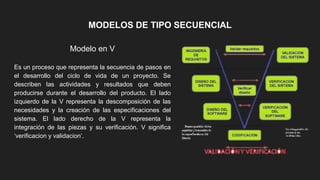 MODELOS DE TIPO SECUENCIAL
Modelo en V
Es un proceso que representa la secuencia de pasos en
el desarrollo del ciclo de vida de un proyecto. Se
describen las actividades y resultados que deben
producirse durante el desarrollo del producto. El lado
izquierdo de la V representa la descomposición de las
necesidades y la creación de las especificaciones del
sistema. El lado derecho de la V representa la
integración de las piezas y su verificación. V significa
‘verificacion y validacion’.
 