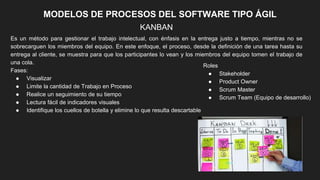 MODELOS DE PROCESOS DEL SOFTWARE TIPO ÁGIL
KANBAN
Es un método para gestionar el trabajo intelectual, con énfasis en la entrega justo a tiempo, mientras no se
sobrecarguen los miembros del equipo. En este enfoque, el proceso, desde la definición de una tarea hasta su
entrega al cliente, se muestra para que los participantes lo vean y los miembros del equipo tomen el trabajo de
una cola.
Fases:
● Visualizar
● Limite la cantidad de Trabajo en Proceso
● Realice un seguimiento de su tiempo
● Lectura fácil de indicadores visuales
● Identifique los cuellos de botella y elimine lo que resulta descartable
Roles
● Stakeholder
● Product Owner
● Scrum Master
● Scrum Team (Equipo de desarrollo)
 