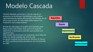Modelo Cascada
También llamado secuencial o ciclo de vida de un
programa, es el enfoque metodológico que ordena
rigurosamente las etapas del proceso de software, de tal
forma que el inicio de cada etapa debe esperar a la
finalización de la etapa anterior.
Al final de cada etapa, el modelo está diseñado para
llevar a cabo una revisión final, que se encarga de
determinar si el proyecto está listo para avanzar a la
siguiente fase.
Este modelo fue el primero en originarse y es la base de
todos los demás modelos de ciclo de vida.
La versión original fue discutida por Winston W. Royce
en 1970 y posteriormente revisada por Ian Sommerville
en 1985
 