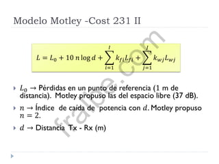 Modelo Motley -Cost 231 II
 𝐿0 → Pérdidas en un punto de referencia (1 m de
distancia). Motley propuso las del espacio libre (37 dB).
 𝑛 → Índice de caída de potencia con 𝑑. Motley propuso
𝑛 = 2.
 𝑑 → Distancia Tx - Rx (m)
𝐿 = 𝐿0 + 10 𝑛 log 𝑑 + 𝑘 𝑓𝑖 𝐿 𝑓𝑖
𝐼
𝑖=1
+ 𝑘 𝑤𝑗 𝐿 𝑤𝑗
𝐽
𝑗=1
fralbe.com
 