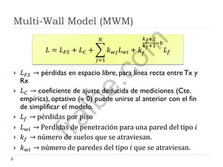 Multi-Wall Model (MWM)
 𝐿 𝐹𝑆 → pérdidas en espacio libre, para línea recta entre Tx y
Rx
 𝐿 𝐶 → coeficiente de ajuste deducida de mediciones (Cte.
empírica), optativo ( 0) puede unirse al anterior con el fin
de simplificar el modelo.
 𝐿 𝑓 → pérdidas por piso
 𝐿 𝑤𝑖 → Perdidas de penetración para una pared del tipo 𝑖
 𝑘 𝑓 → número de suelos que se atraviesan.
 𝑘 𝑤𝑖 → número de paredes del tipo 𝑖 que se atraviesan.
𝐿 = 𝐿 𝐹𝑆 + 𝐿 𝐶 + 𝑘 𝑤𝑗 𝐿 𝑤𝑖
𝑁
𝑗=1
+ 𝑘 𝑓
𝑘 𝑓+2
𝑘 𝑓+1
−𝑏
𝐿 𝑓
fralbe.com
 