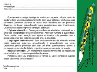ESCOLA .........................................................................................................................
 Professor (a): ..................................................................................................................
 Aluno (a): ........................................................................................................................



     É uma menina meiga, inteligente, carinhosa, esperta... Gosta muito de
 ajudar e tem um ótimo relacionamento com seus colegas. Melhorou suas
 conversas paralelas durante as aulas, mas estamos em um processo
 devemos continuar intensificando para percebermos seu crescimento.
 Quanto ao aspecto cognitivo consegui observar:




                                                                                                                                       simone_drumond@hotmail.com
     Lógico-matemático: Consegue resolver as atividades matemáticas e
 uma boa interpretação dos probleminhas. Associar número à quantidade.




                                                                                                                                          Simone Helen Drumond
 Deve prestar mais atenção em alguns momentos,pois percebo que a
 aluna sabe, mas por falta de atenção erra a atividade.
     Linguagem oral e escrita: Tem facilidade na escrita, contudo muitas
 vezes aglomera palavras prejudicando o entendimento do texto.
 Oralmente posso perceber que tem um bom conhecimento prévio e
 consegue com muita facilidade organizar seus pensamente na escrita.
     Regras e atitudes: Um intercâmbio escola e família faz-se necessário
 para trabalha as conversas paralelas da aluna. ,
     Parabéns pelo seu crescimento e vamos lá, você consegue superar
 essas pequenas dificuldades!!!!


Pais/Responsáveis: .......................................................................................................
Data ............./................/...............
 