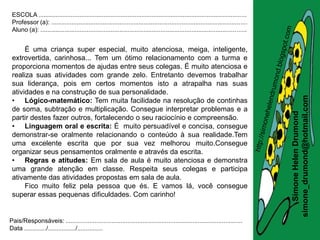 ESCOLA .........................................................................................................................
 Professor (a): ..................................................................................................................
 Aluno (a): ........................................................................................................................


      É uma criança super especial, muito atenciosa, meiga, inteligente,
 extrovertida, carinhosa... Tem um ótimo relacionamento com a turma e
 proporciona momentos de ajudas entre seus colegas. É muito atenciosa e
 realiza suas atividades com grande zelo. Entretanto devemos trabalhar
 sua liderança, pois em certos momentos isto a atrapalha nas suas
 atividades e na construção de sua personalidade.




                                                                                                                                       simone_drumond@hotmail.com
 • Lógico-matemático: Tem muita facilidade na resolução de continhas
 de soma, subtração e multiplicação. Consegue interpretar problemas e a




                                                                                                                                          Simone Helen Drumond
 partir destes fazer outros, fortalecendo o seu raciocínio e compreensão.
 • Linguagem oral e escrita: É muito persuadível e concisa, consegue
 demonstrar-se oralmente relacionando o conteúdo à sua realidade.Tem
 uma excelente escrita que por sua vez melhorou muito.Consegue
 organizar seus pensamentos oralmente e através da escrita.
 • Regras e atitudes: Em sala de aula é muito atenciosa e demonstra
 uma grande atenção em classe. Respeita seus colegas e participa
 ativamente das atividades propostas em sala de aula.
      Fico muito feliz pela pessoa que és. E vamos lá, você consegue
 superar essas pequenas dificuldades. Com carinho!


Pais/Responsáveis: .......................................................................................................
Data ............./................/...............
 
