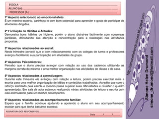 ESCOLA ..............................................................................................................................
   ALUNO (A): ..........................................................................................................................
    PROFESSOR (A): ................................................................................................................
1º Aspecto relacionado ao emocional-afeto:
É um menino esperto, carinhoso e com bom potencial para aprender e gosta de participar de
atividades dirigidas.

2º Formação de Hábitos e Atitudes:
Demonstra bons hábitos de higiene, porém o aluno distrai-se facilmente com conversas
paralelas, dificultando sua atenção e concentração para a realização nas atividades
propostas.




                                                                                                                                                                           simone_drumond@hotmail.com
3º Aspectos relacionados ao social:
Neste trimestre percebi que o bom relacionamento com os colegas de turma e professores
avançou facilitando sua participação em atividades de grupo.




                                                                                                                                                                              Simone Helen Drumond
4º Aspectos Psicomotores:
Percebo que o aluno precisa avançar com relação ao uso dos cadernos utilizando as
margens correta do mesmo e uma melhor organização nas atividades de classe e de casa.

5º Aspectos relacionados à aprendizagem:
Durante este trimestre ele avançou com relação a leitura, porém precisa exercitar mais a
escrita para uma melhor organização de idéias e conteúdos trabalhados. Acredito que com o
reforço solicitado pela escola e mesmo possa superar suas dificuldades e reverter o quadro
apresentado. Em sala de aula estamos realizando várias atividades de leitura e escrita com
isso estimulando para um melhor desempenho.

6º Aspectos relacionados ao acompanhamento familiar:
Espero que a família continue ajudando e apoiando o aluno em seu acompanhamento
escolar para que tenha bastante sucesso.
ASSINATURA DOS RESPONSAVEIS ..........................................................................................................................
.............................................................................................................................. Data .........../............/...........
 