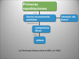 La Península Ibérica entre el 800 y el 1000 Primeras repoblaciones aldeas “ desierto del Duero” tierras escasamente pobladas campesinos libres protagonizada por sobre forman 