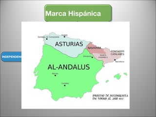La Península Ibérica entre el 800 y el 1000 Marca Hispánica Navarra principios del siglo IX Reino de Pamplona 987 Independientes y hereditarios (Conde de Barcelona) Aragón Condados Catalanes Condado de Aragón INDEPENDENCIA 