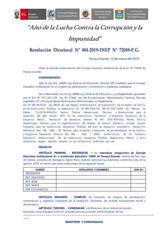 “Año de la Lucha Contra la Corrupciónyla
Impunidad”
Resolución Directoral Nº 004-2019-DIEP Nº 72049-P.G.
Pampa Grande, 15 de marzo del 2019.
Visto, el acta de conformación del Consejo Educativo Institucional de la I.E. Nº 72049 de
Pampa Grande;
CONSIDERANDO:
Que, la Ley Nro. 28044, Ley General de Educación, Artículo 69° establece que el Consejo
Educativo Institucional es un órgano de participación, concertación y vigilancia ciudadana,
De conformidad con la Ley 28044 Ley General de Educación, y su Reglamento aprobado
por el D.S. Nº 011-2012-ED, Ley Nº 27444, Ley del Procedimiento Administrativo General, Decreto
Legislativo N° 276 Ley de Bases de la Carrera Administrativa, su Reglamento
D.S. N° 005-90-PCM ., Ley 28628 Ley que Regula la Participación de la Asociación de los Padres de Familia
en las Instituciones PÚblicas, su reglamento D.S. Nº 004-2006-ED, RM Nº 0337-2008- ED, Manual de
Padres, 712-2018-MINEDU Norma Técnica denominada “Normas y Orientaciones para el
desarrollo del Año Escolar 2019 en las Instituciones Educativas y Programas Educativos de la
Educación Básica”., Resolución de Secretaria General N° 041- 2016-MINEDU, Norma Técni ca
denominada “Normas para la implementación del Modelo de Servicio Educativo Jornada Escolar
Completa para las Instituciones Educativas PÚblicas del nivel de educación secundaria”, Resolució n
Ministerial Nro. 168 - 2002 - ED. Normas para la Gestión y Desarrollo de las Actividades en los Centro s
y Programas Educativos. Directiva Nro. 088 - 2003 - VMGI. Conformación de los Consejo s
Educativos Institucionales de las Instituciones Educativas PÚblicas. Reglamento Interno, y otros
dispositivos legales vigentes; estando en sus atribuciones conferidas por Ley;
RESUELVE:
ARTÍCULO PRIMERO. - RECONOCER, a los miembros integrantes de Consejo
Educativo Institucional de la Institución Educativa 72049 de Pampa Grande, distrito de San Juan
de Salinas, provincia de Azángaro, región Puno, quienes ejercerán sus funciones conforme a ley, en la
gestión 2019, el mismo que está conformado de la siguiente forma:
CARGO APELLIDOS Y NOMBRES DNI Nº
PRESIDENTE
REP. DOCENTES
REP. ADM.
REP. APAFA
REP. ESTUDIANTES
ARTICULO SEGUNDO. - CUMPLIR las funciones de órgano de participación,
concertación y vigilancia ciudadana de la Institución Educativa, de carácter transparente moral y
democrática.
ARTÍCULO TERCERO. - COMUNICAR a la Dirección de la Unidad de Gestión
Educativa Local Azángaro sobre lo actuado para las acciones administrativas de Ley.
======================================================================
===
REGISTRESE Y COMUNIQUESE.
Unidad de Gestión
Educativa Local
Azángaro
DirecciónRegional
de Educación Puno
Institución
Educativa Primaria
Nº 72049 Pampa
 