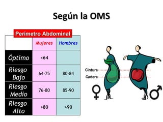 Según la OMS
      Perímetro Abdominal
             Mujeres    Hombres


    Óptimo    <64

    Riesgo    64-75      80-84
     Bajo
    Riesgo    76-80      85-90
    Medio
    Riesgo    >80         >90
     Alto
 