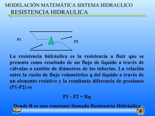 MODELACIÓN MATEMÁTICA SISTEMA HIDRAULICO
 RESISTENCIA HIDRAULICA



    P1
                              P2


 La resistencia hidráulica es la resistencia a fluir que se
 presenta como resultado de un flujo de líquido a través de
 válvulas o cambio de diámetros de las tuberías. La relación
 entre la razón de flujo volumétrico q del líquido a través de
 un elemento resistivo y la resultante diferencia de presiones
 (P1-P2) es
                         P1 - P2 = Rq
  Donde R es una constante llamada Resistencia Hidráulica
 