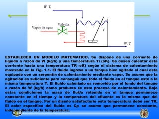 ESTABLECER UN MODELO MATEMATICO. Se dispone de una corriente de
liquido a razón de W (kg/h) y una temperatura Ti (oK). Se desea calentar esta
corriente hasta una temperatura TR (oK) según el sistema de calentamiento
mostrado en la Fig. 1.1. El fluido ingresa a un tanque bien agitado el cual esta
equipado con un serpentín de calentamiento mediante vapor. Se asume que la
agitación es suficiente para conseguir que todo el fluido en el tanque esté a la
misma temperatura T. El fluido calentado es removido por el fondo del tanque
a razón de W (kg/h) como producto de este proceso de calentamiento. Bajo
estas condiciones la masa de fluido retenido en el tanque permanece
constante en el tiempo y la temperatura del efluente es la misma que del
fluido en el tanque. Por un diseño satisfactorio esta temperatura debe ser TR.
El calor específico del fluido es Cp, se asume que permanece constante,
independiente de la temperatura.
 