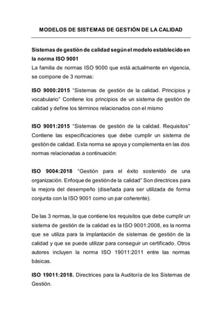 Modelos de sistemas de gestion de la calidad | DOCX