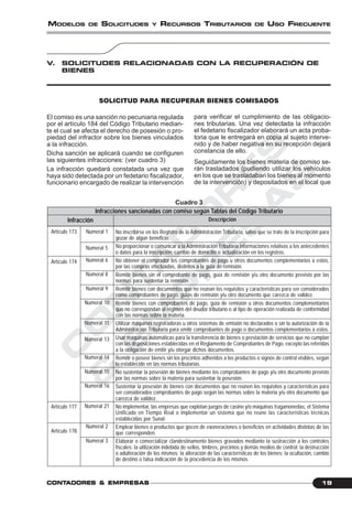 C
O
N
T
A
D
O
R
E
S
&
E
M
P
R
E
S
A
S
19CONTCONTCONTCONTCONTADORESADORESADORESADORESADORES &&&&& EMPRESEMPRESEMPRESEMPRESEMPRESAAAAASSSSS
MODELOS DE SOLICITUDES Y RECURSOS TRIBUTARIOS DE USO FRECUENTE
V. SOLICITUDES RELACIONADAS CON LA RECUPERACIÓN DE
BIENES
El comiso es una sanción no pecuniaria regulada
por el artículo 184 del Código Tributario median-
te el cual se afecta el derecho de posesión o pro-
piedad del infractor sobre los bienes vinculados
a la infracción.
Dicha sanción se aplicará cuando se configuren
las siguientes infracciones: (ver cuadro 3)
La infracción quedará constatada una vez que
haya sido detectada por un fedetario fiscalizador,
funcionario encargado de realizar la intervención
Artículo 173
Artículo 174
Artículo 177
Artículo 178
Numeral 1
Numeral 5
Numeral 6
Numeral 8
Numeral 9
Numeral 10
Numeral 11
Numeral 13
Numeral 14
Numeral 15
Numeral 16
Numeral 21
Numeral 2
Numeral 3
Descripción
No inscribirse en los Registro de la Administración Tributaria, salvo que se trate de la inscripción para
gozar de algún beneficio.
No proporcionar o comunicar a la Administración Tributaria informaciones relativas a los antecedentes
o datos para la inscripción, cambio de domicilio o actualización en los registros.
No obtener el comprador los comprobantes de pago u otros documentos complementarios a estos,
por las compras efectuadas, distintos a la guía de remisión.
Remitir bienes sin el comprobante de pago, guía de remisión y/u otro documento previsto por las
normas para sustentar la remisión.
Remitir bienes con documentos que no reúnan los requisitos y características para ser considerados
como comprobantes de pago, guías de remisión y/u otro documento que carezca de validez.
Remitir bienes con comprobantes de pago, guía de remisión u otros documentos complementarios
que no correspondan al régimen del deudor tributario o al tipo de operación realizada de conformidad
con las normas sobre la materia.
Utilizar máquinas registradoras u otros sistemas de emisión no declarados o sin la autorización de la
Administración Tributaria para emitir comprobantes de pago o documentos complementarios a estos.
Usar máquinas automáticas para la transferencia de bienes o prestación de servicios que no cumplan
con las disposiciones establecidas en el Reglamento de Comprobantes de Pago, excepto las referidas
a la obligación de emitir y/u otorgar dichos documentos.
Remitir o poseer bienes sin los precintos adheridos a los productos o signos de control visibles, según
lo establecido en las normas tributarias.
No sustentar la posesión de bienes mediante los comprobantes de pago y/u otro documento previsto
por las normas sobre la materia para sustentar la posesión.
Sustentar la posesión de bienes con documentos que no reúnen los requisitos y características para
ser considerados comprobantes de pago según las normas sobre la materia y/u otro documento que
carezca de validez.
No implementar, las empresas que explotan juegos de casino y/o máquinas tragamonedas, el Sistema
Unificado en Tiempo Real o implementar un sistema que no reúne las características técnicas
establecidas por Sunat.
Emplear bienes o productos que gocen de exoneraciones o beneficios en actividades distintas de las
que corresponden.
Elaborar o comercializar clandestinamente bienes gravados mediante la sustracción a los controles
fiscales; la utilización indebida de sellos, timbres, precintos y demás medios de control; la destrucción
o adulteración de los mismos; la alteración de las características de los bienes; la ocultación, cambio
de destino o falsa indicación de la procedencia de los mismos.
Infracción
Infracciones sancionadas con comiso según Tablas del Código Tributario
Cuadro 3
SOLICITUD PARA RECUPERAR BIENES COMISADOS
para verificar el cumplimiento de las obligacio-
nes tributarias. Una vez detectada la infracción
el fedetario fiscalizador elaborará un acta proba-
toria que le entregará en copia al sujeto interve-
nido y de haber negativa en su recepción dejará
constancia de ello.
Seguidamente los bienes materia de comiso se-
rán trasladados (pudiendo utilizar los vehículos
en los que se trasladaban los bienes al momento
de la intervención) y depositados en el local que
 