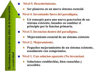 Nivel 5. Descubrimiento.
Ser pioneros en un nuevo sistema esencial.
Nivel 4. Inventando fuera del paradigma.
Un concepto para una nueva generacion de un
sistema existente, basados en cambiar el
principio por la funcion primaria.
Nivel 3. Invencion dentro del paradigma.
Mejoramiento esencial de un sistema existente
Nivel 2. Mejoramiento.
Pequeños mejoramientos de un sistema existente,
usualmente con compromiso.
Nivel 1. Una solucion aparente (No invencion)
Soluciones establecidas, bien conocidas y
accesibles
 