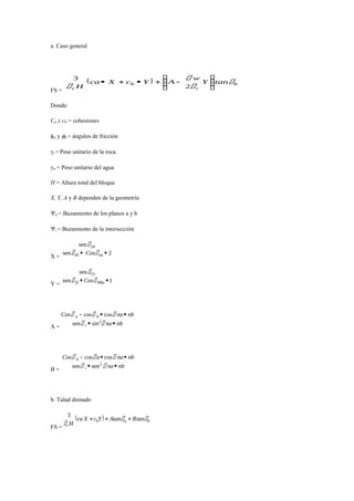 a. Caso general
FS =
Donde:
Ca y cb = cohesiones
a y b = ángulos de fricción
r = Peso unitario de la roca
w = Peso unitario del agua
H = Altura total del bloque
X, Y, A y B dependen de la geometría
a = Buzamiento de los planos a y b
i = Buzamiento de la intersección
X =
Y =
A =
B =
b. Talud drenado
FS =
 