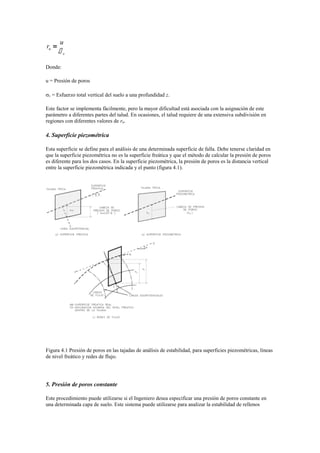 Donde:
u = Presión de poros
v = Esfuerzo total vertical del suelo a una profundidad z.
Este factor se implementa fácilmente, pero la mayor dificultad está asociada con la asignación de este
parámetro a diferentes partes del talud. En ocasiones, el talud requiere de una extensiva subdivisión en
regiones con diferentes valores de ru.
4. Superficie piezométrica
Esta superficie se define para el análisis de una determinada superficie de falla. Debe tenerse claridad en
que la superficie piezométrica no es la superficie freática y que el método de calcular la presión de poros
es diferente para los dos casos. En la superficie piezométrica, la presión de poros es la distancia vertical
entre la superficie piezométrica indicada y el punto (figura 4.1).
Figura 4.1 Presión de poros en las tajadas de análisis de estabilidad, para superficies piezométricas, líneas
de nivel freático y redes de flujo.
5. Presión de poros constante
Este procedimiento puede utilizarse si el Ingeniero desea especificar una presión de poros constante en
una determinada capa de suelo. Este sistema puede utilizarse para analizar la estabilidad de rellenos
 