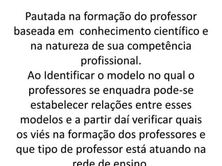 Pautada na formação do professor 
baseada em conhecimento científico e 
na natureza de sua competência 
profissional. 
Ao Identificar o modelo no qual o 
professores se enquadra pode-se 
estabelecer relações entre esses 
modelos e a partir daí verificar quais 
os viés na formação dos professores e 
que tipo de professor está atuando na 
rede de ensino. 
 
