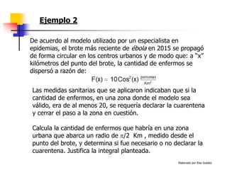 Elaborado por Elsa Guédez
Ejemplo 2
De acuerdo al modelo utilizado por un especialista en
epidemias, el brote más reciente de ébola en 2015 se propagó
de forma circular en los centros urbanos y de modo que: a “x”
kilómetros del punto del brote, la cantidad de enfermos se
dispersó a razón de:
Las medidas sanitarias que se aplicaron indicaban que si la
cantidad de enfermos, en una zona donde el modelo sea
válido, era de al menos 20, se requería declarar la cuarentena
y cerrar el paso a la zona en cuestión.
Calcula la cantidad de enfermos que habría en una zona
urbana que abarca un radio de /2 Km , medido desde el
punto del brote, y determina si fue necesario o no declarar la
cuarentena. Justifica la integral planteada.
 